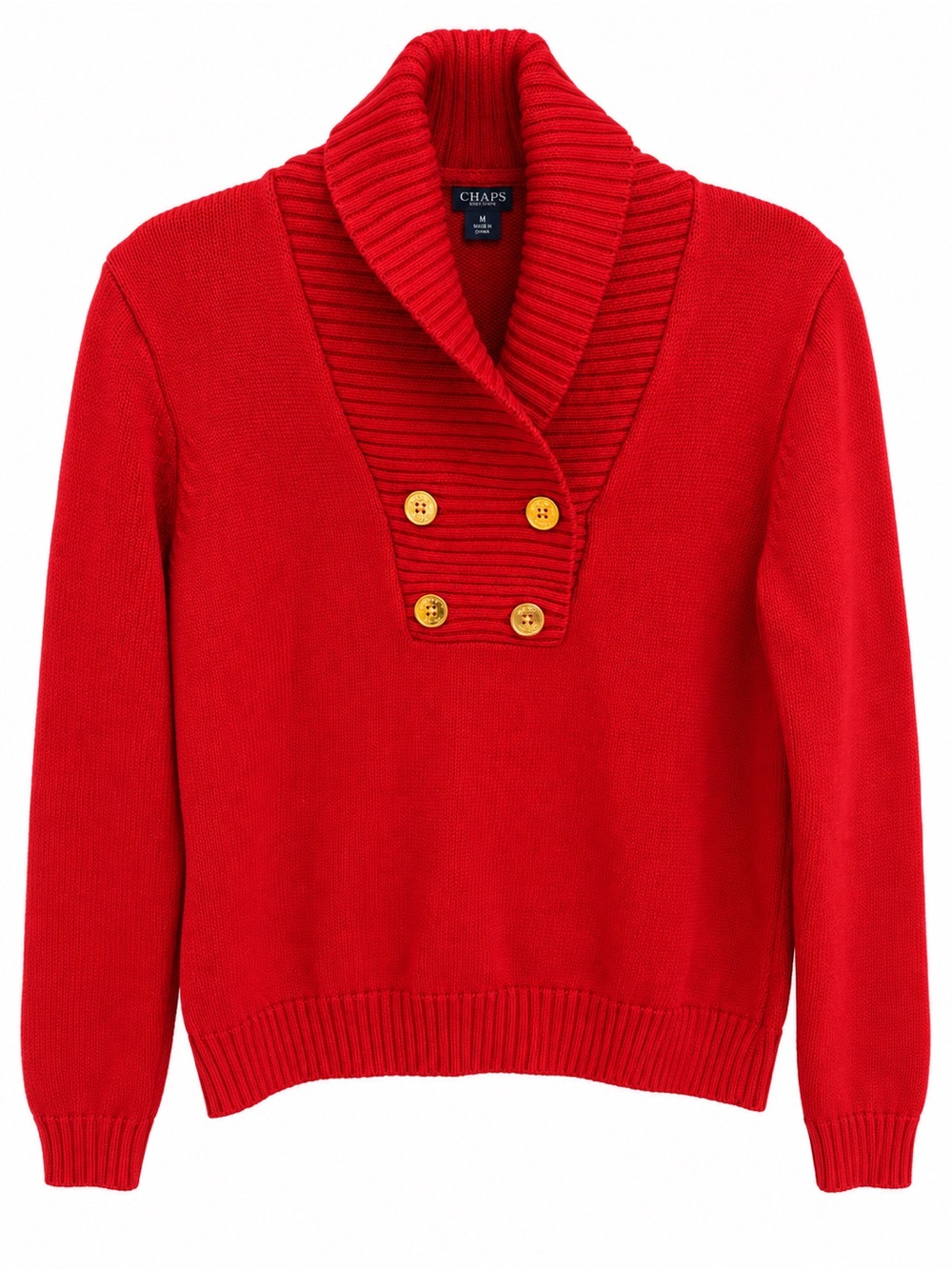Chaps EST 1978 Ralph Lauren Red Shawl Collar Sweater, Gold Buttons Woman’s Large